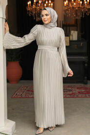 Modest Beige Evening Gown With Sleeve 45771BEJ - 2