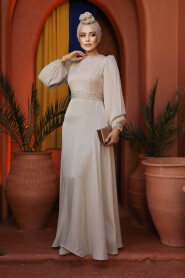 Modest Beige Evening Long Dress 23302BEJ - 3