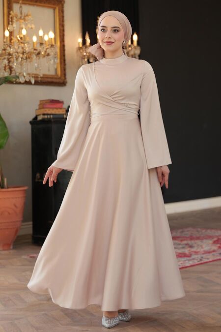 Modest Beige Evening Long Sleeve Dress 6157BEJ - NEVA STYLE