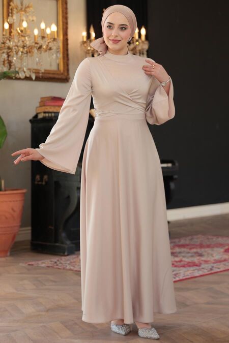 Modest Beige Evening Long Sleeve Dress 6157BEJ - Neva-style.com