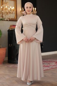 Modest Beige Evening Long Sleeve Dress 6157BEJ - 3