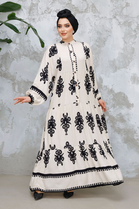 Modest Beige Floral Dress 25491BEJ - NEVA STYLE