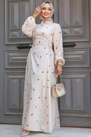 Modest Beige Floral Dress 61072BEJ - 1