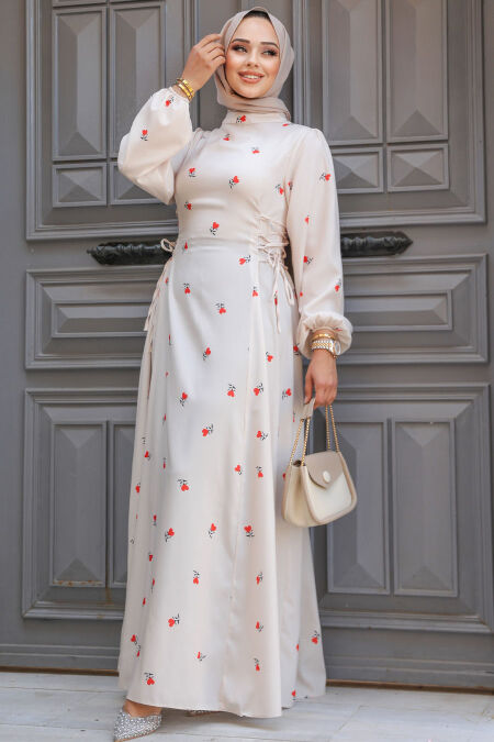 Modest Beige Floral Dress 61072BEJ - NEVA STYLE