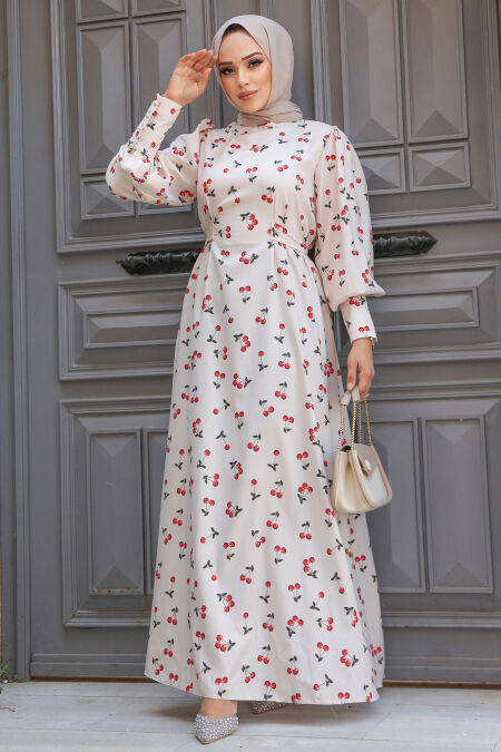 Modest Beige Floral Dress 61094BEJ - NEVA STYLE