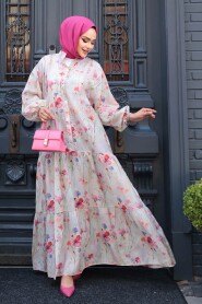 Modest Beige Floral Dress 710501BEJ - 3