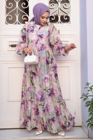 Modest Beige Floral Dress 710508BEJ - 1