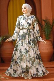 Modest Beige Floral Long Dress 22352BEJ - 1