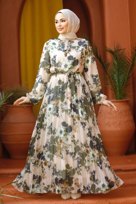 Modest Beige Floral Long Dress 22352BEJ - NEVA STYLE