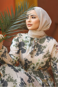 Modest Beige Floral Long Dress 22352BEJ - 5