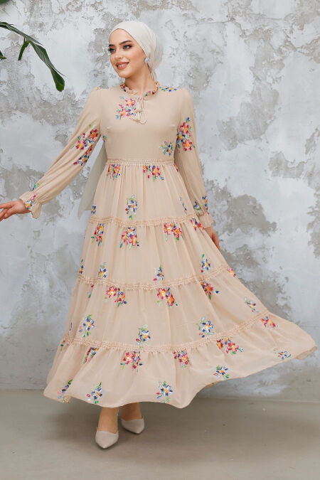 Modest Beige Floral Long Dress 32815BEJ - NEVA STYLE