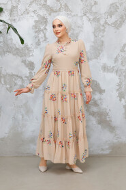 Modest Beige Floral Long Dress 32815BEJ - 2