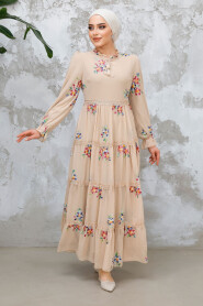 Modest Beige Floral Long Dress 32815BEJ - 3