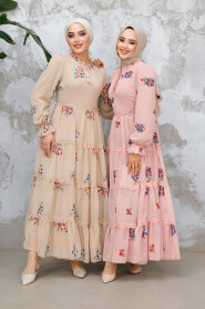 Modest Beige Floral Long Dress 32815BEJ - 4