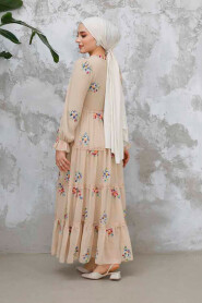 Modest Beige Floral Long Dress 32815BEJ - 7