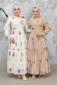 Modest Beige Floral Maxi Dress 32816BEJ - 4