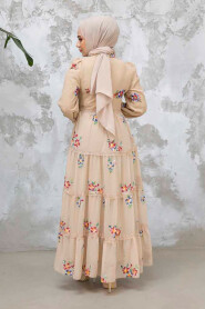 Modest Beige Floral Maxi Dress 32816BEJ - 6