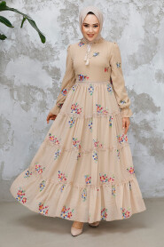 Modest Beige Floral Maxi Dress 32816BEJ 