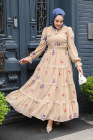 Modest Beige Floral Maxi Dress 32816BEJ - 2