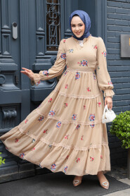 Modest Beige Floral Maxi Dress 32816BEJ 