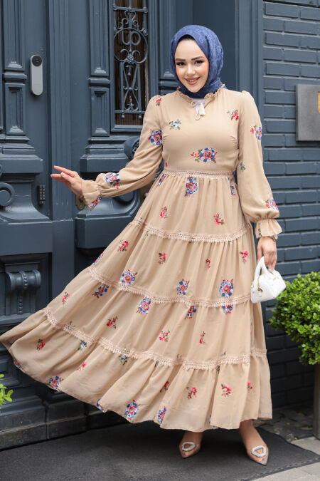 Modest Beige Floral Maxi Dress 32816BEJ - NEVA STYLE