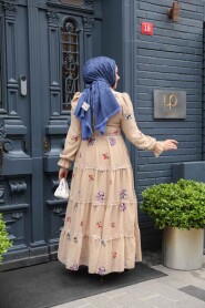 Modest Beige Floral Maxi Dress 32816BEJ - 3