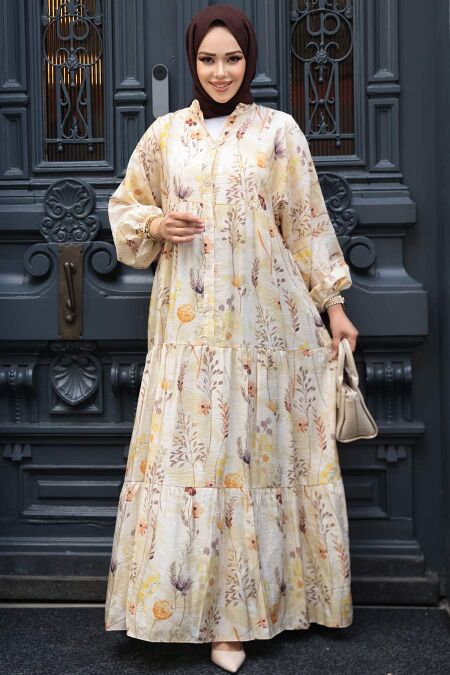 Modest Beige Floral Maxi Dress 710504BEJ - NEVA STYLE