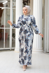 Modest Beige Floral Pleated Dress 23502BEJ - 1