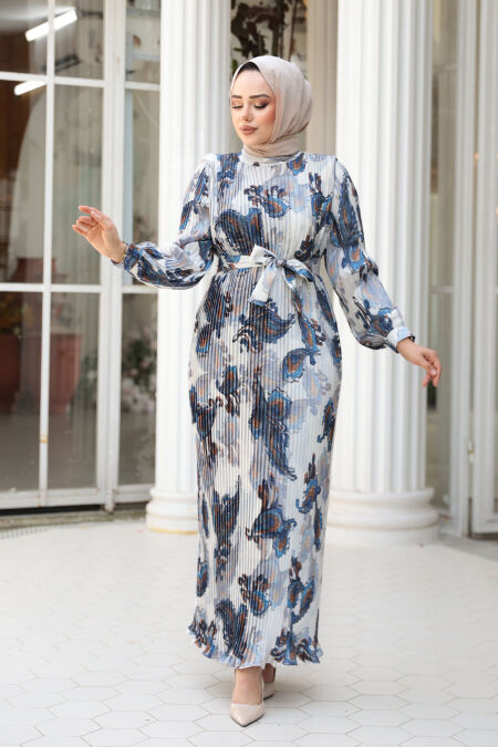 Modest Beige Floral Pleated Dress 23502BEJ - NEVA STYLE