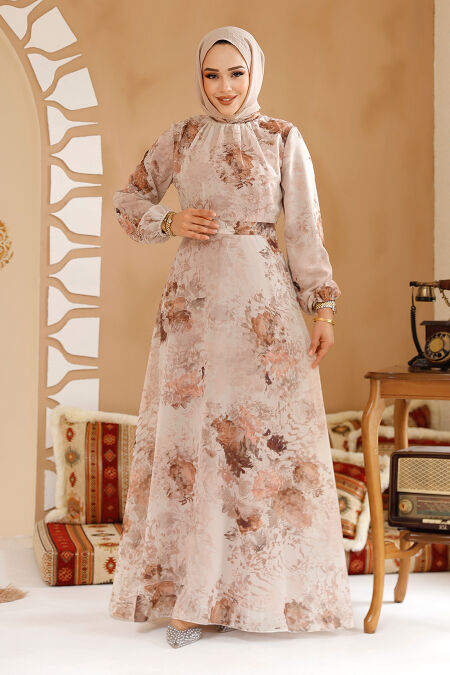Modest Beige Floral Plus Size Dress 27967BEJ - NEVA STYLE