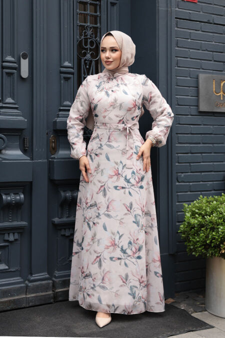 Modest Beige Floral Plus Size Dress 279915BEJ - NEVA STYLE