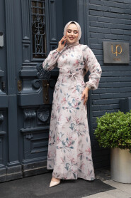 Modest Beige Floral Plus Size Dress 279915BEJ - 2