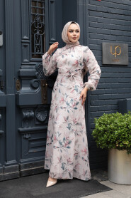 Modest Beige Floral Plus Size Dress 279915BEJ - 3