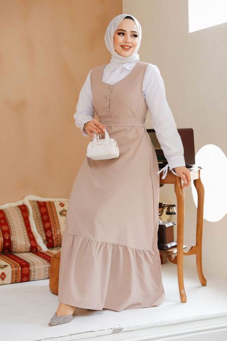 Modest Beige Gilet Dress 70501BEJ - NEVA STYLE