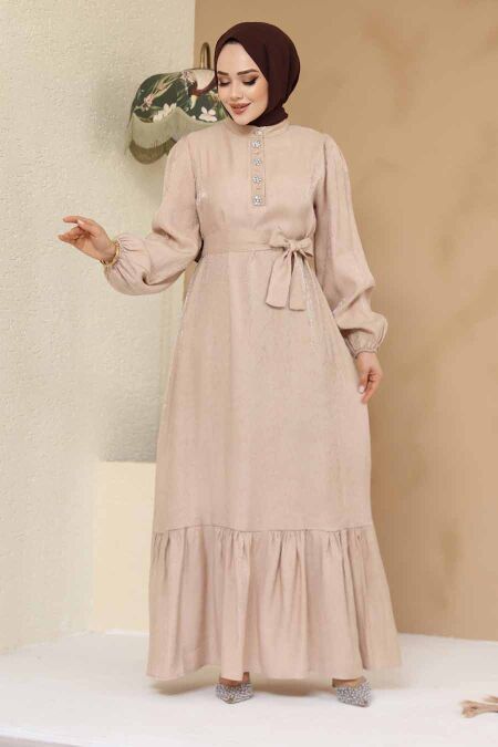 Modest Beige Jacquard Dress 23891BEJ - NEVA STYLE