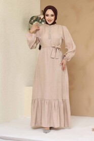 Modest Beige Jacquard Dress 23891BEJ - 2