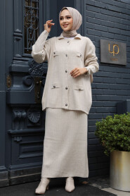 Modest Beige Knitwear Dual Skirted Suit 50590BEJ - 2