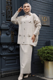 Modest Beige Knitwear Dual Skirted Suit 50590BEJ - 3