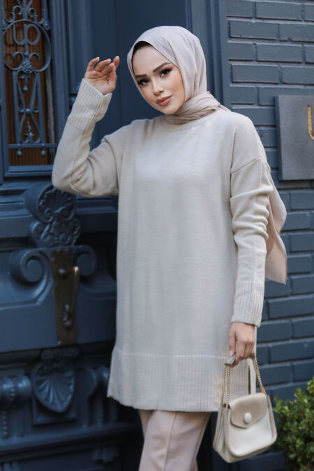 Modest Beige Knitwear Tunic 71501BEJ - NEVA STYLE