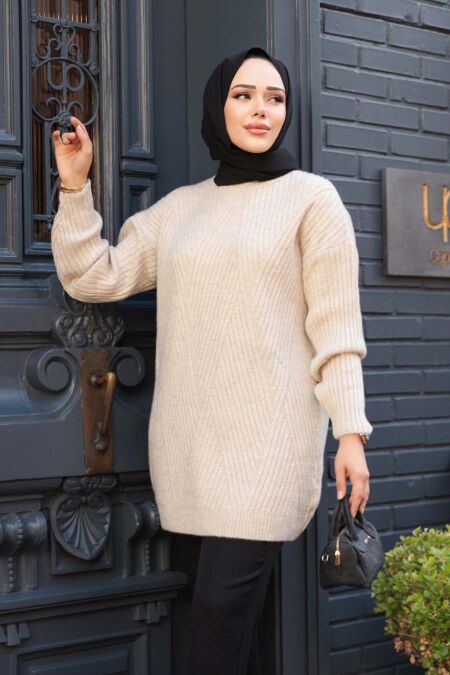 Modest Beige Knitwear Tunic 7852BEJ - NEVA STYLE