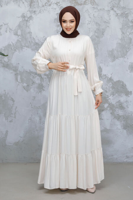 Modest Beige Long Dress 22042BEJ - NEVA STYLE