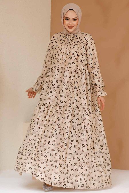 Modest Beige Long Dress 23602BEJ - NEVA STYLE