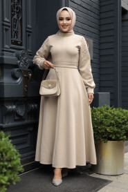 Modest Beige Long Dress 23631BEJ - 2