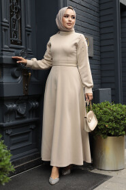 Modest Beige Long Dress 23631BEJ - 1