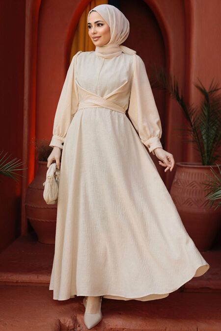Modest Beige Long Dress 3034BEJ - NEVA STYLE