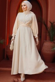 Modest Beige Long Dress 3034BEJ - 2