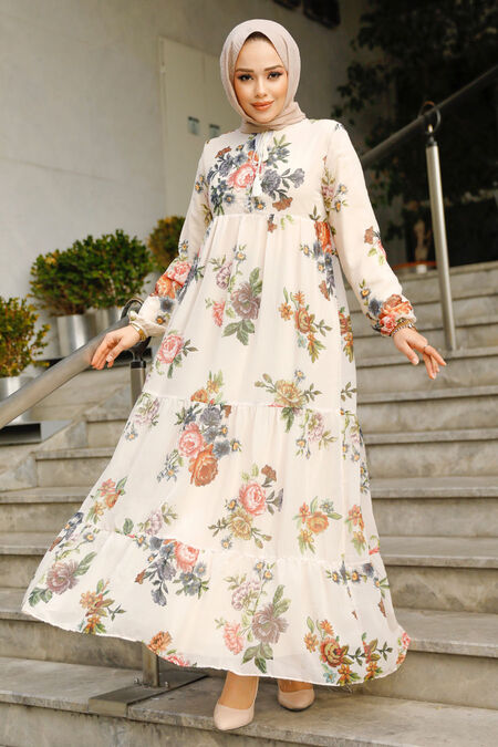 Modest Beige Long Floral Dress 22052BEJ - NEVA STYLE