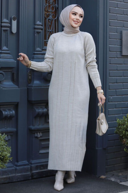 Modest Beige Long Knitwear Dress 31230BEJ - NEVA STYLE