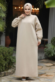 Modest Beige Long Sleeve Dress 23641BEJ - 1