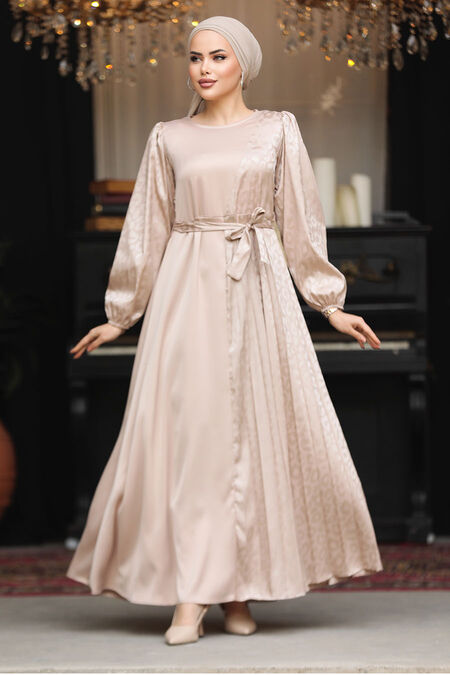Modest Beige Long Sleeve Dress 30381BEJ - Neva-style.com